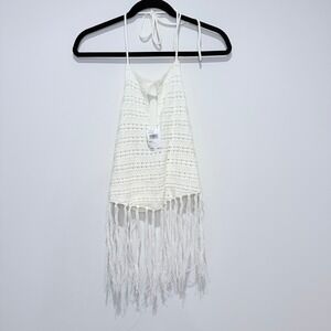 LUSH Off White Crochet Fringe Halter Tank Top‎ Women's Size Large